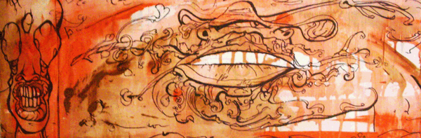 6.27.10 > Monsters On The Ridge > 24x8 inch Acrylic Painting on wood > NOT AVAILABLE FOR PURCHASE