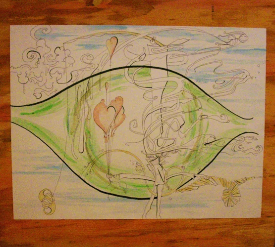 2.14.10 > Float Upon The Clouds > Auburn And Green > 18x12 inch Pen and Watercolor on paper > NOT AVAILABLE FOR PURCHASE