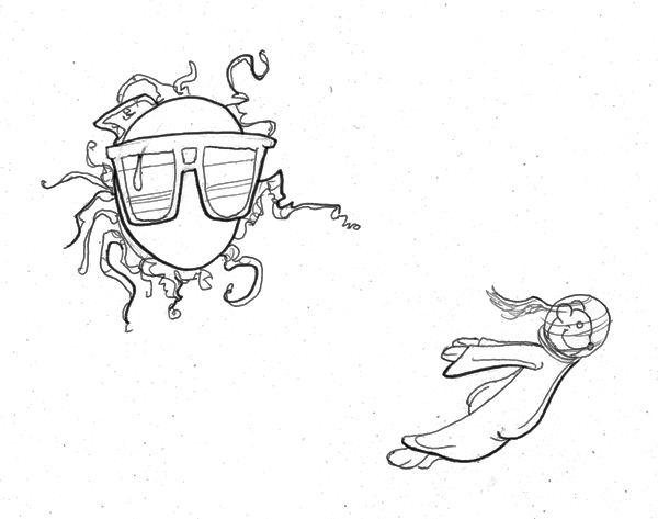 10.2.09 > Flight Of The Snuggie > 11x8.5 inch Pen Drawing on paper > NOT AVAILABLE FOR PURCHASE