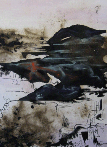 9.24.09 > The Reach And Rise > 18x24 inch Pen, Acrylic, Paper Cutout and Hornblend Wilderness on canvas > NOT AVAILABLE FOR PURCHASE