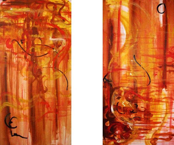 1.29.10 > Samurai Attacking Rich Mahogany > Pair of 24x48 inch Acrylic Paintings on canvas > NOT AVAILABLE FOR PURCHASE