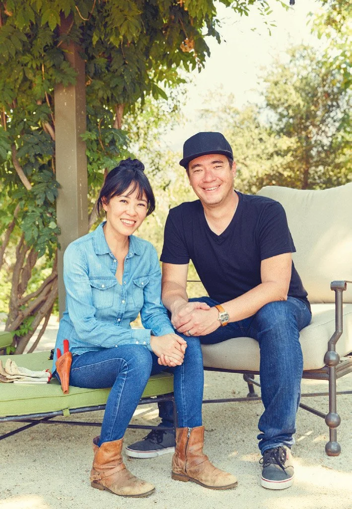 Tien and Sean Jenkins seated together at Fairview Orchards in Ojai, photographed in 2017.