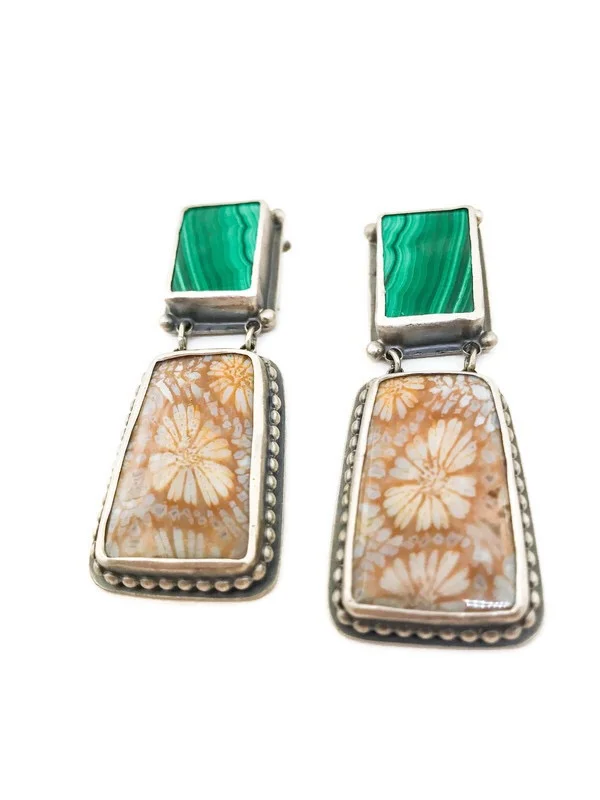 Malachite and Fossilized Coral Earrings 