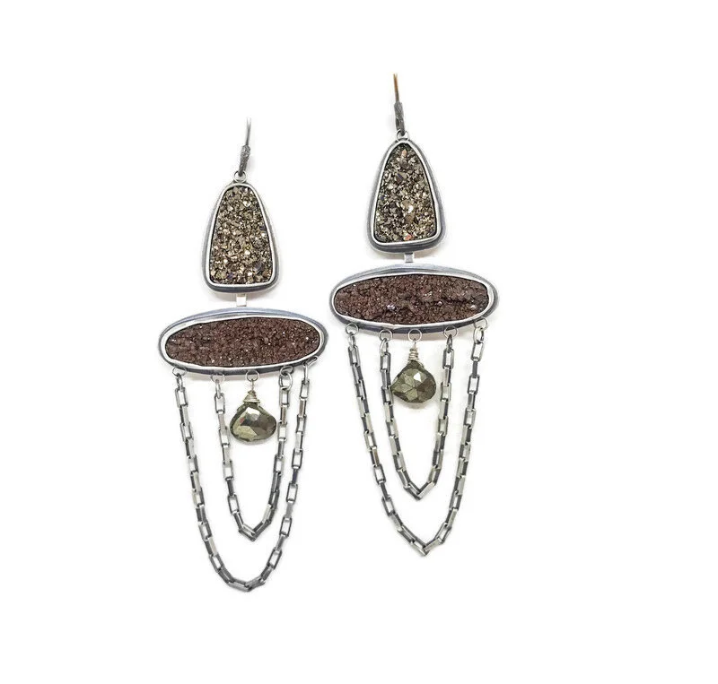 Moonbeam Druzy and Fossilized Wood Earrings