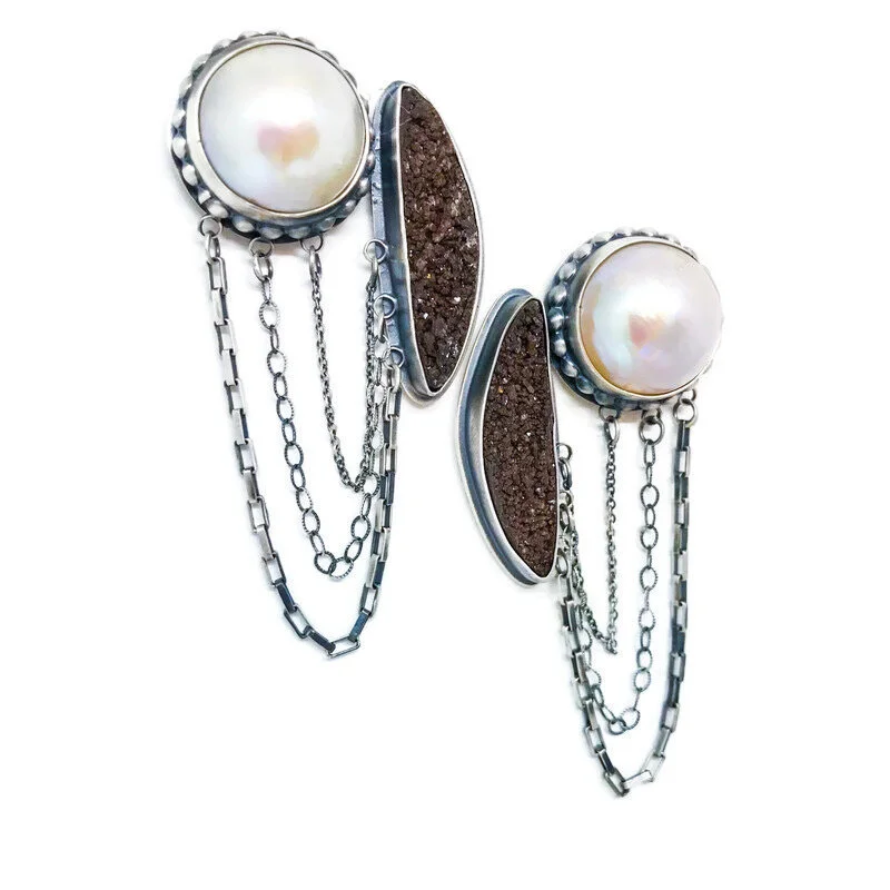 Pearl and Fossilized Wood Earrings