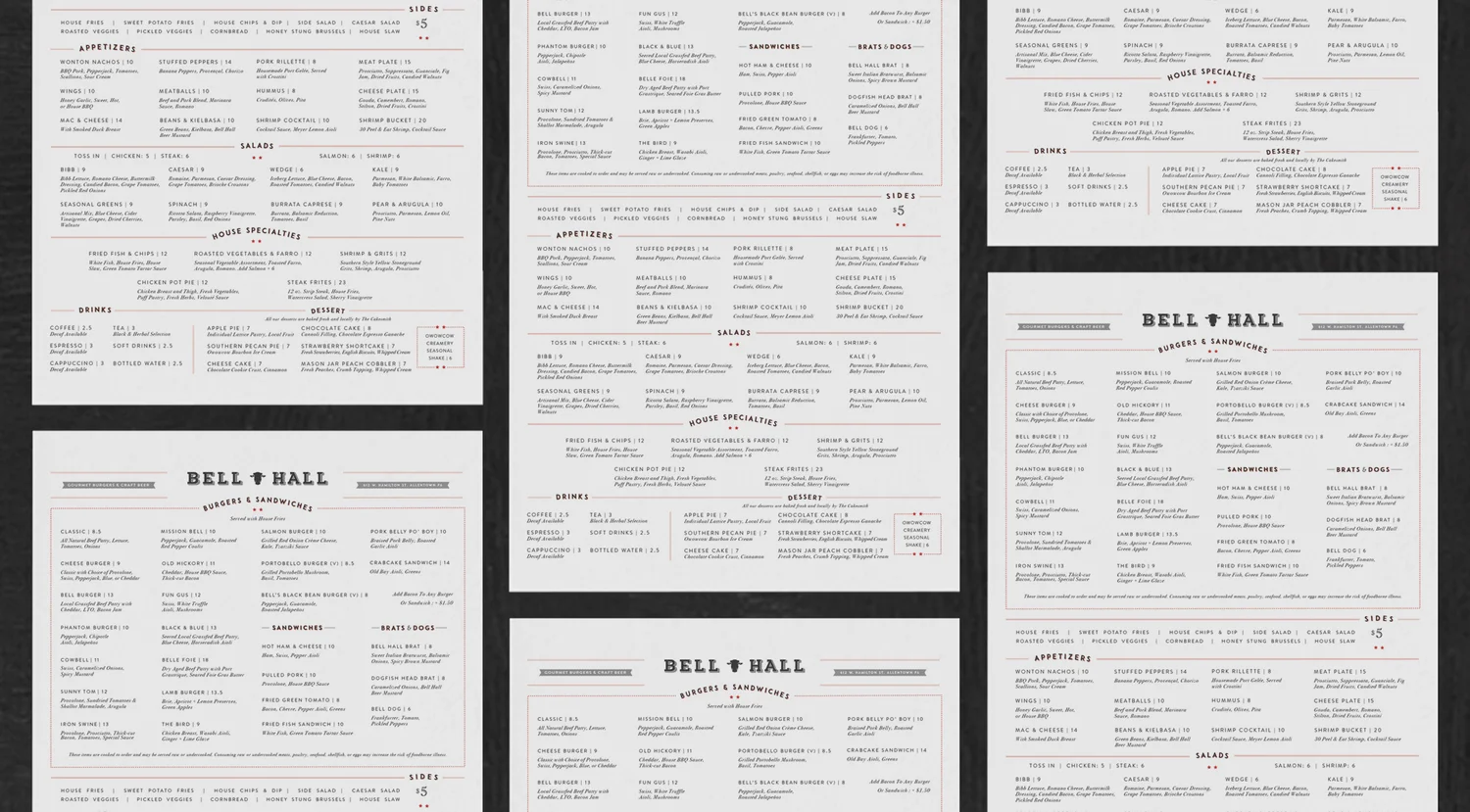 Infused with the pride of American heritage and serious about its food and beverage offerings, Bell Hall’s menus and website are bold, timeless, and artisanal. 