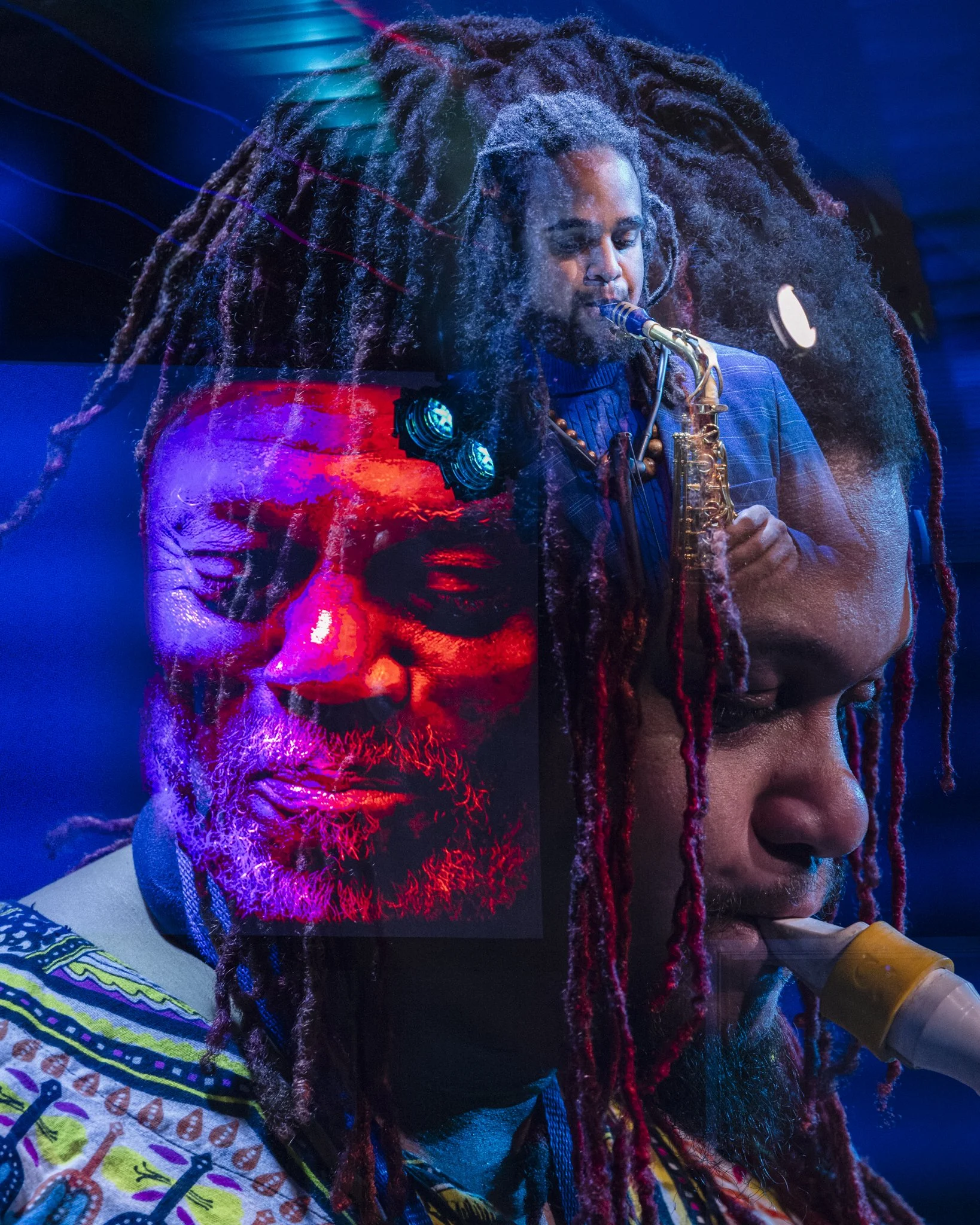 Double exposure image of a man playing a saxophone overlaid with a close-up of a person's face with dreadlocks, wearing traditional clothing, in a colorful, artistic style.