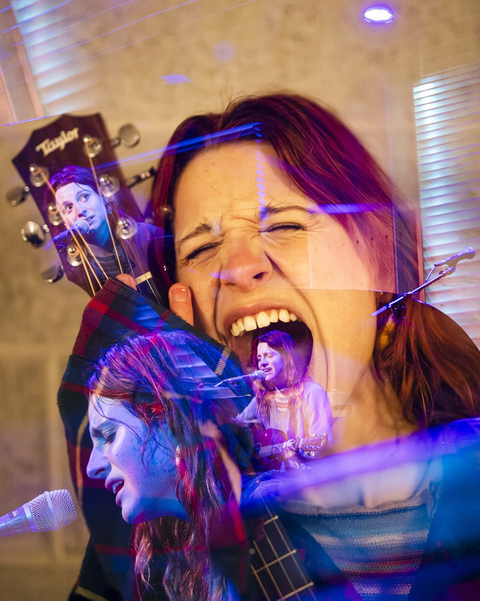 A person singing passionately with their eyes closed, a guitar and microphone visible, with multiple overlaid images of the same person performing, creating a layered, artistic effect.