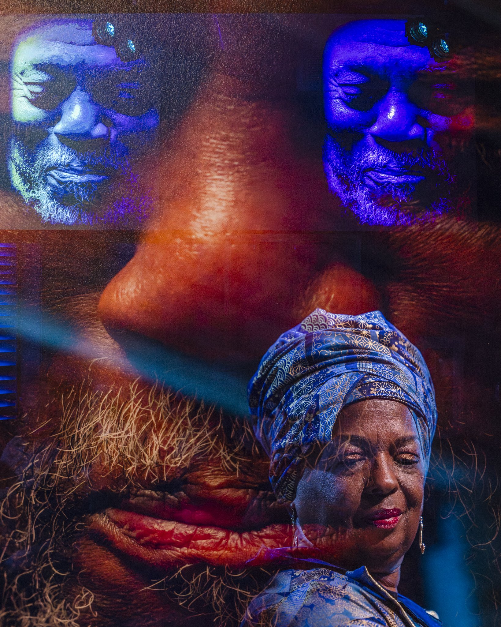 Overlay of three images showing an elderly African woman with a headscarf, a close-up of her lips and nose, and two people's faces in blue lighting.