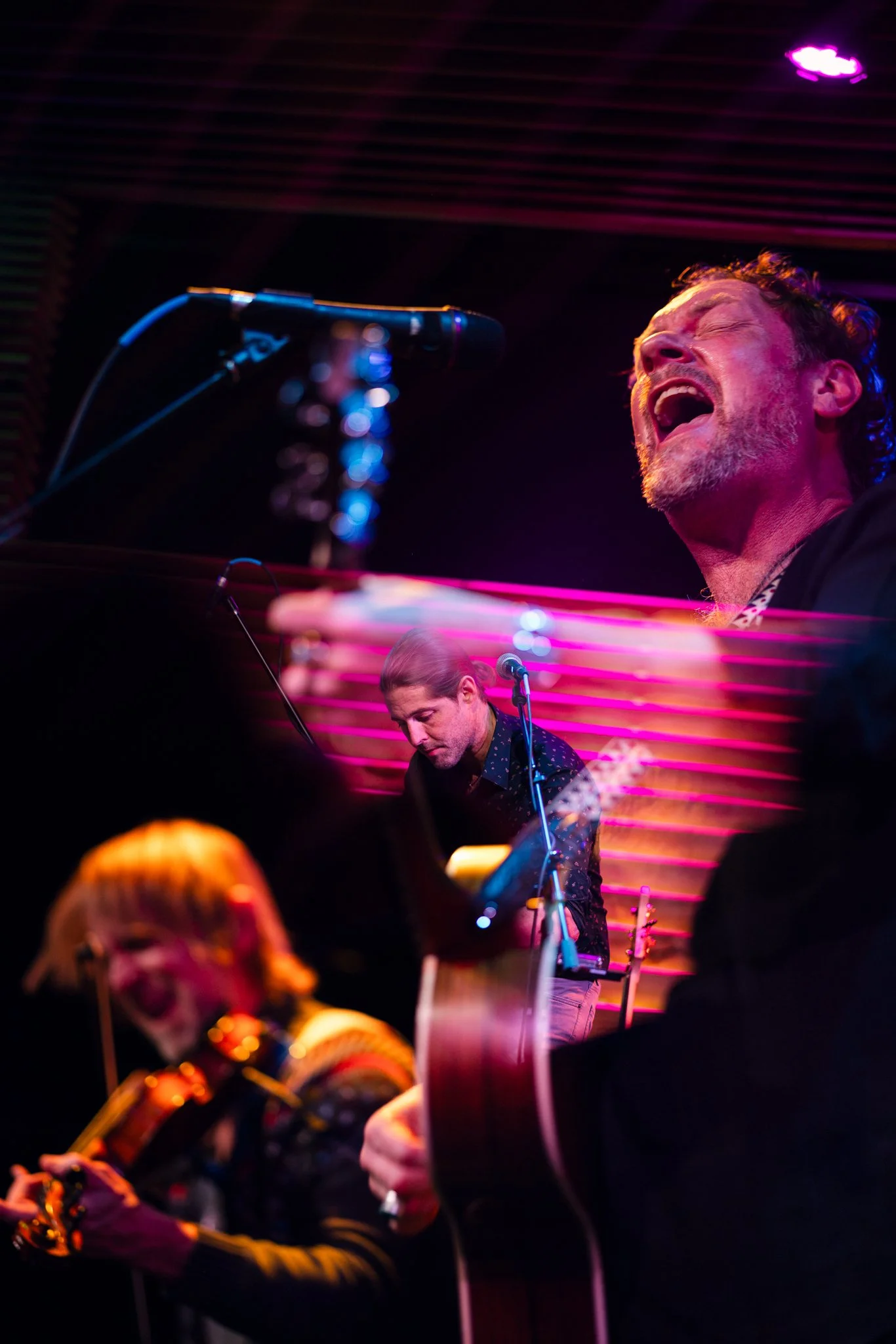 Musicians performing on stage with colorful lighting, including a man singing with eyes closed, a woman playing violin, and another person playing guitar.