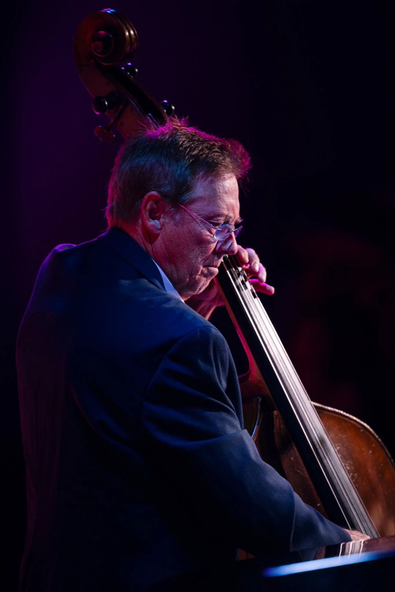 A man playing the double bass, wearing glasses and a dark suit, in a dark, colorful-lit setting.