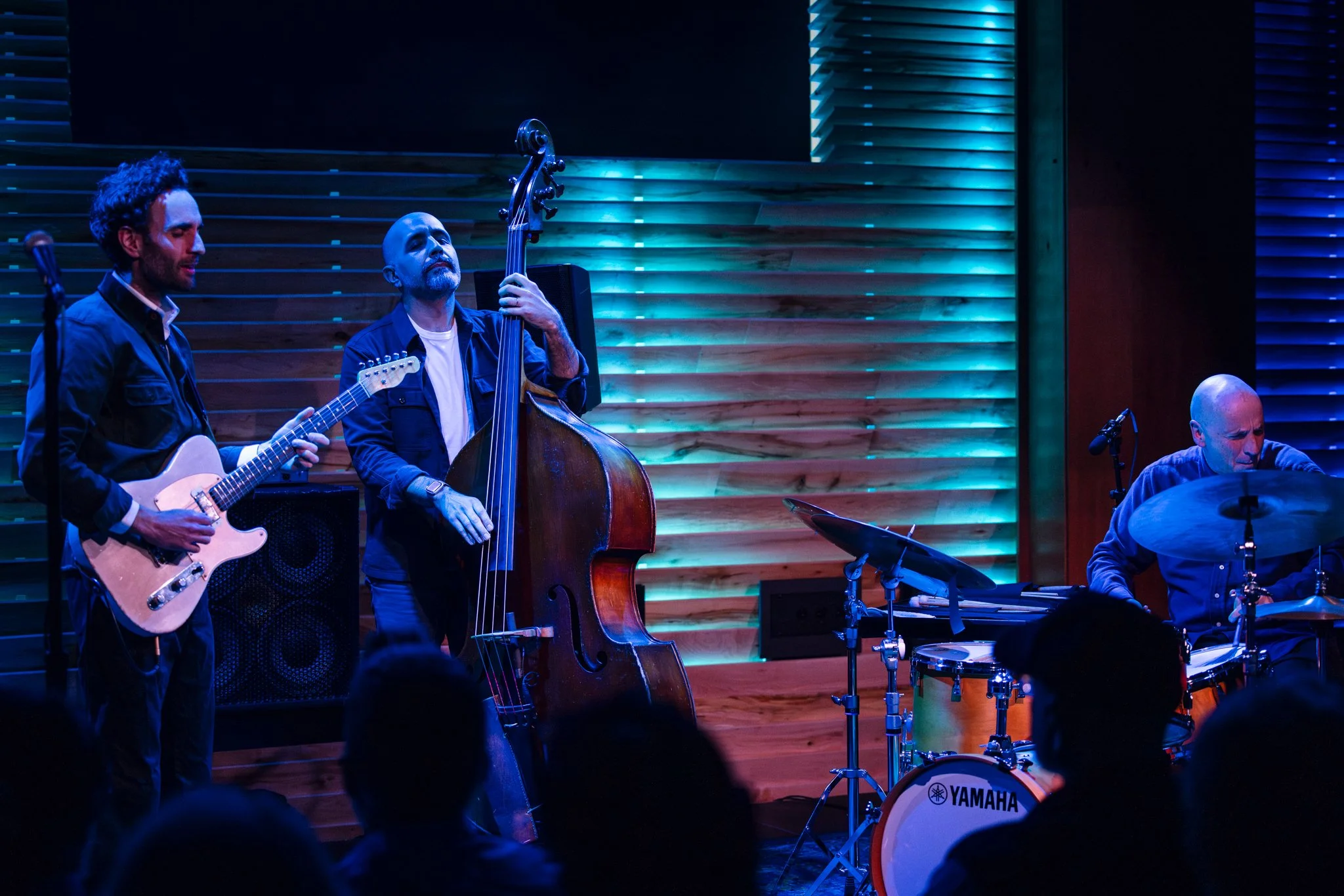 Jazz band performing on stage with guitarist, double bassist, and drummer in a music venue.