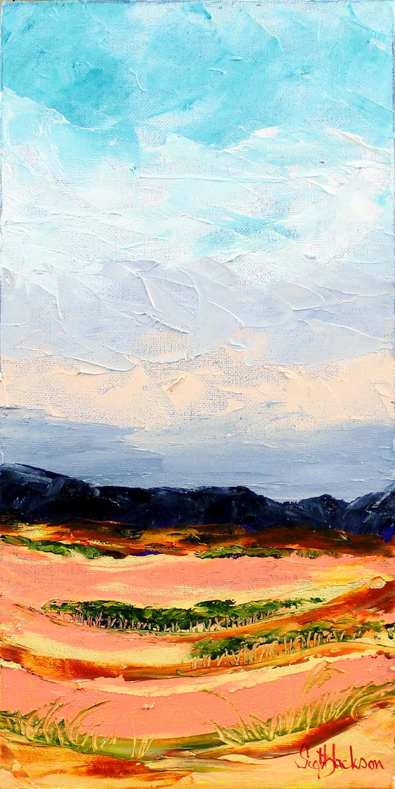 This painting is one belonging to a triptych I painted of The Flinders Ranges in South Australia. Wild an rugged country ...and just great to camp in.....more animals than you can poke a stick at !! Title " Red Earth Country " 40cm x 20cm, oil on canvas , ready to hang sold november 2017