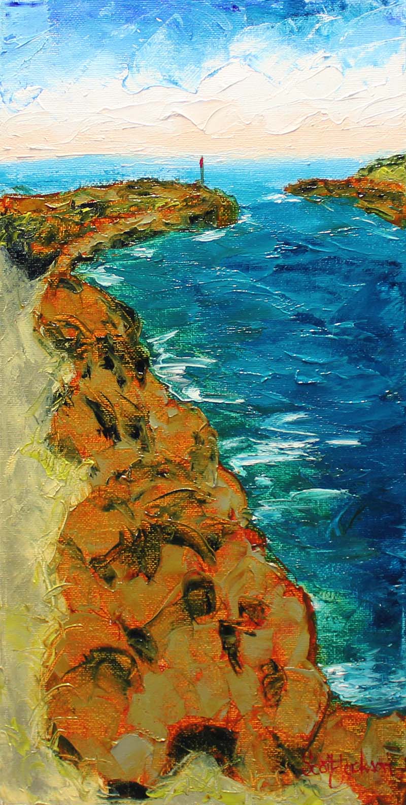 Breakwalls at the the river mouth are another common theme I enjoy painting. They are very common on the east coast of Australia were the many rivers enter the sea. Title " Breakwall Light " 40cm x 20cm , Oil on Canvas, ready to hang, $160 aud
