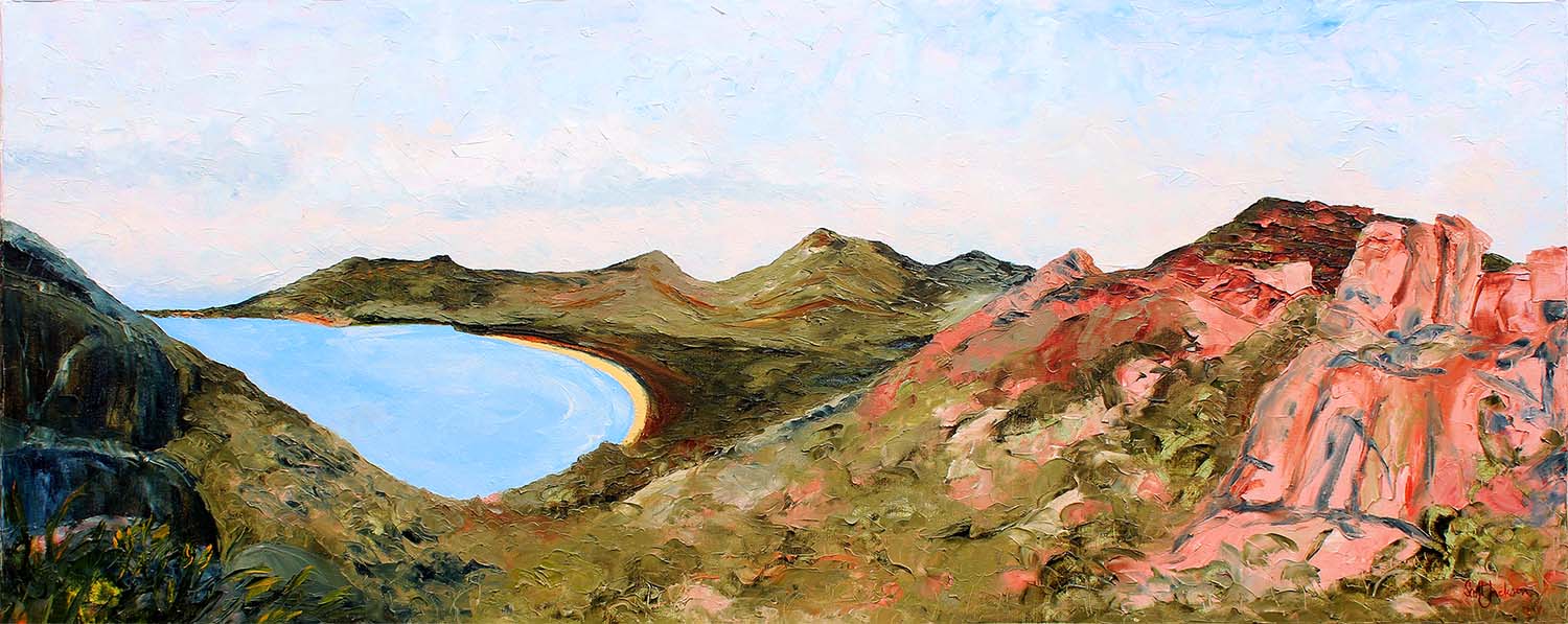 Title " A Special Place ( Wineglass Bay, Tasmania) " ..You Know you love it !!. This is a beautiful area in Tasmania.....to get to this spot you need to take a challenging walk through rocky tracks and boulder strewn bush ... Its just great ...Go There 61x153cm, Oil on Canvas, Ready to Hang, $1730 AUD . CaN BE PURCHASED ON bLUETHUMB ONLINE GALLERY WITH FREE SHIPPING, INSURANCE AND 7 DAYS RETURS
