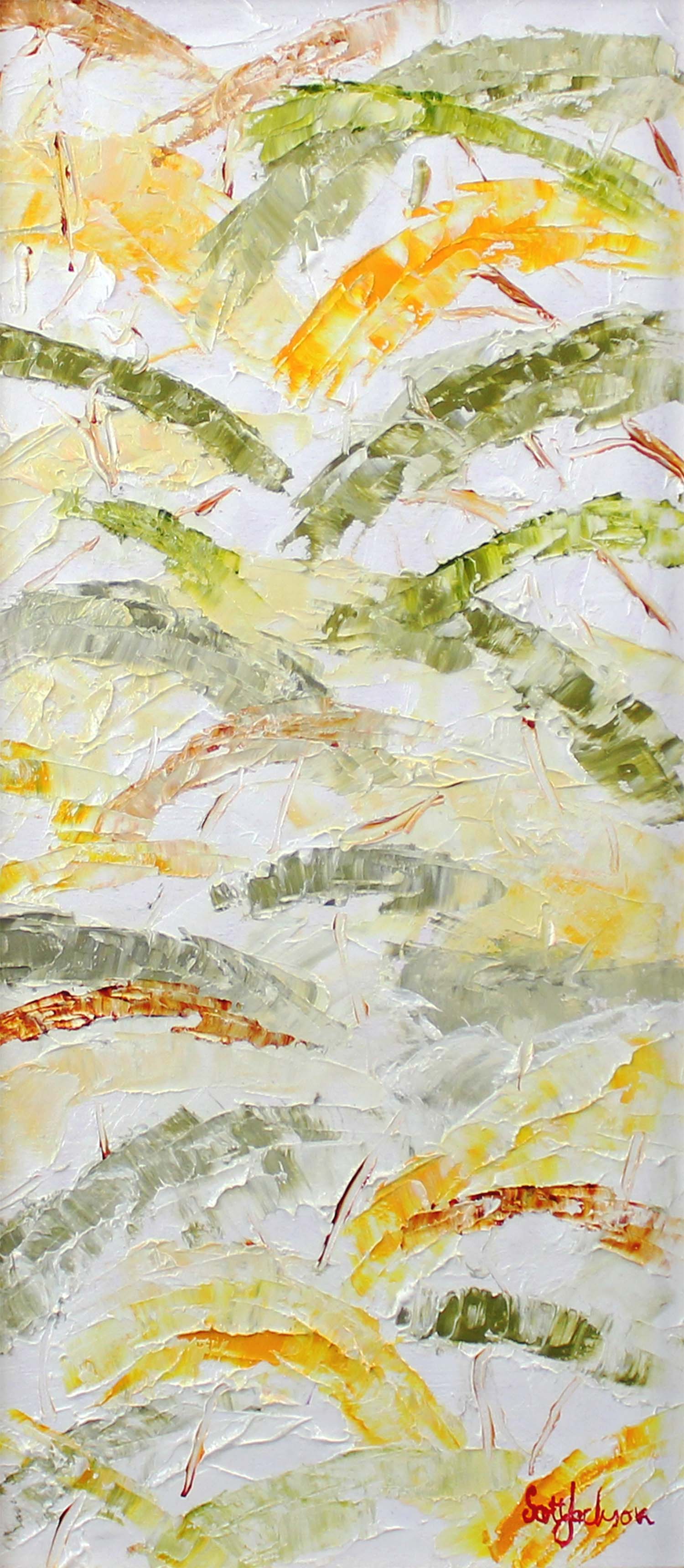 A lovely little textured painting . Title " Light in The Treetops ", 48 cm x 22 cm (excluding frame) oil on ply, framed, $290AUD