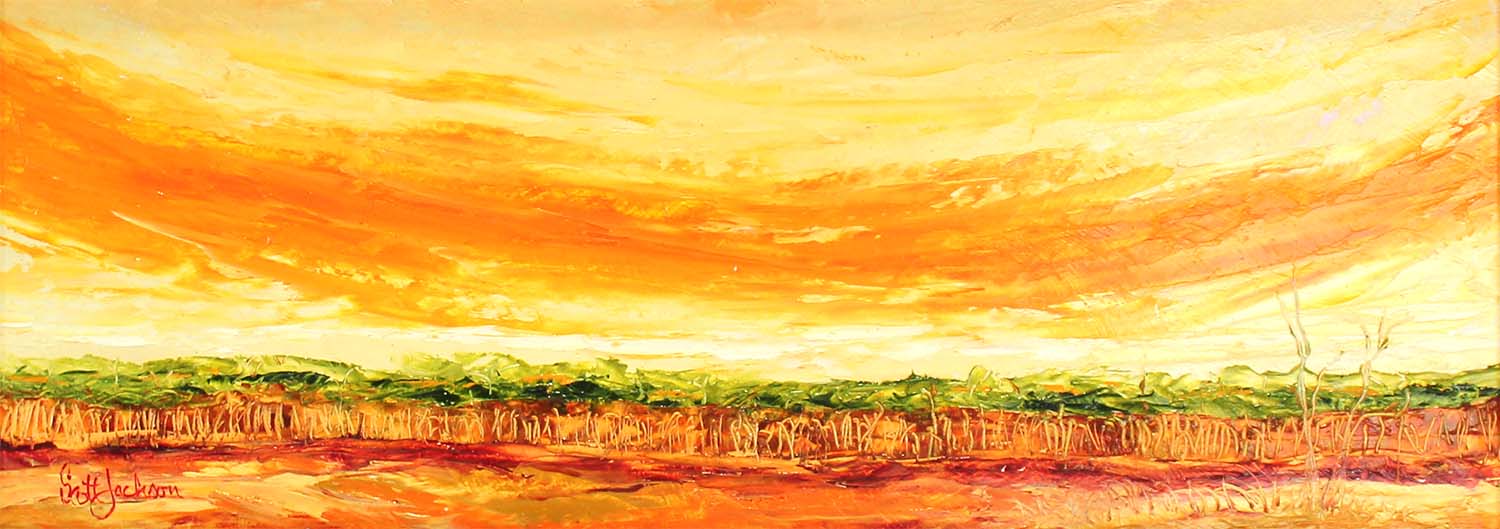 " Orange Sky with Trees "...another striking colour mix that a really like using ....especially the oranges and golden yellows..a small work 18 cm x 49 cm, oil on board and framed in gold, $290 aud