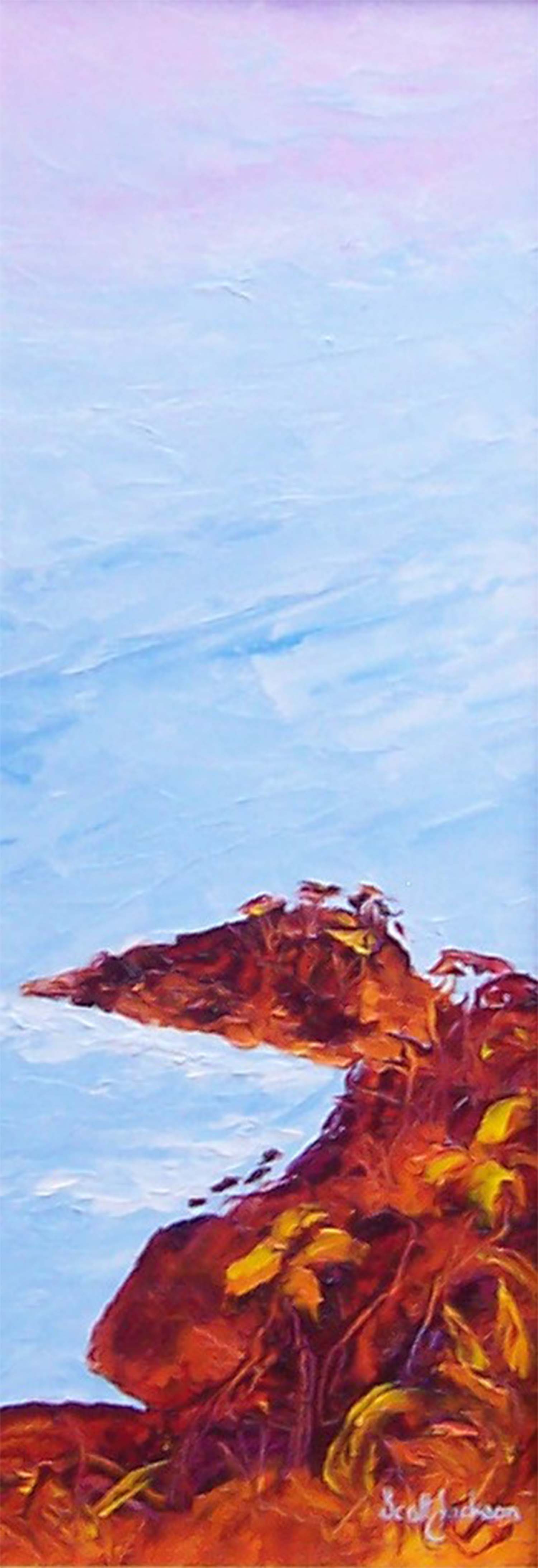 This painting was inspired by the rugged coast near Little bay and the Gap Beach track at South West Rocks. A beutiful and Treacherous area. Title " Rocky Point ", 49 cm x 19 cm (excluding frame), oil on canvas ion board, framed, $290 AUD