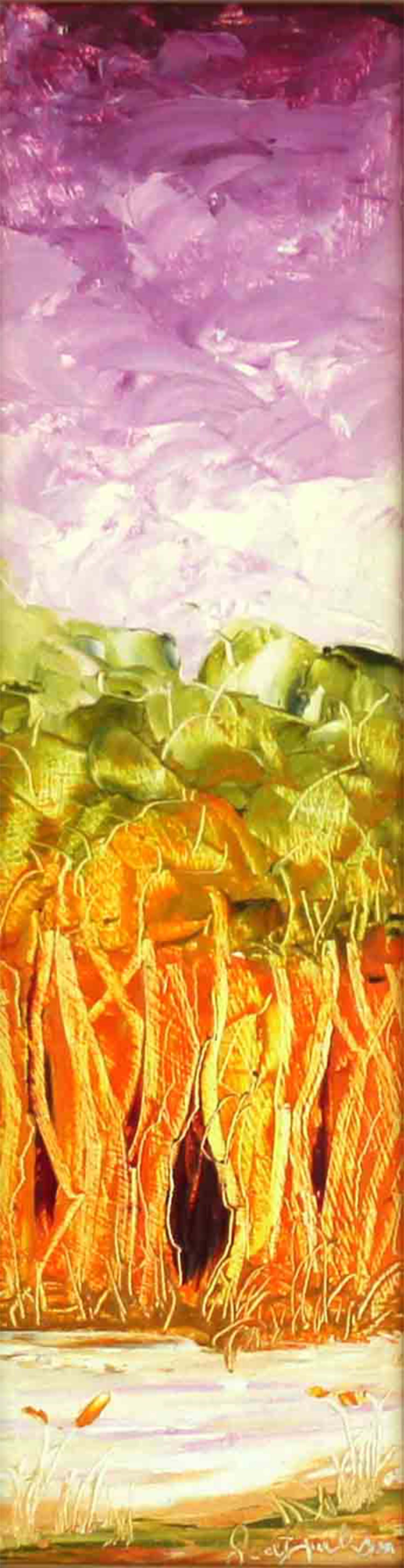 This is another favourite composition that I love painting. It represents the bush or treeline at waters edge....with the dark door to the quiet places beyond.....I love painting this and have created many versions in different colour combinations and sizes...this one is very small. Title " Small Places by The Water ", 19 cm x 11 cm , double gold frame, $320 aud