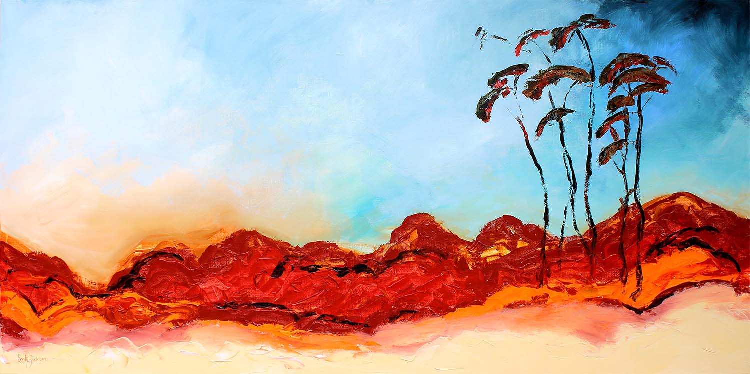 This powerful acrylic painting was inspired by a trip around and over the north and central areas of Australia.......the landscapes and skyscapes are all just stunning....It is quite large and would suit a larger display wall to really capture the eye... Title " Big Fella My Country ", 91 cm x 183 cm, Acrylic on Linen, Ready to hang, $2660 Aud
