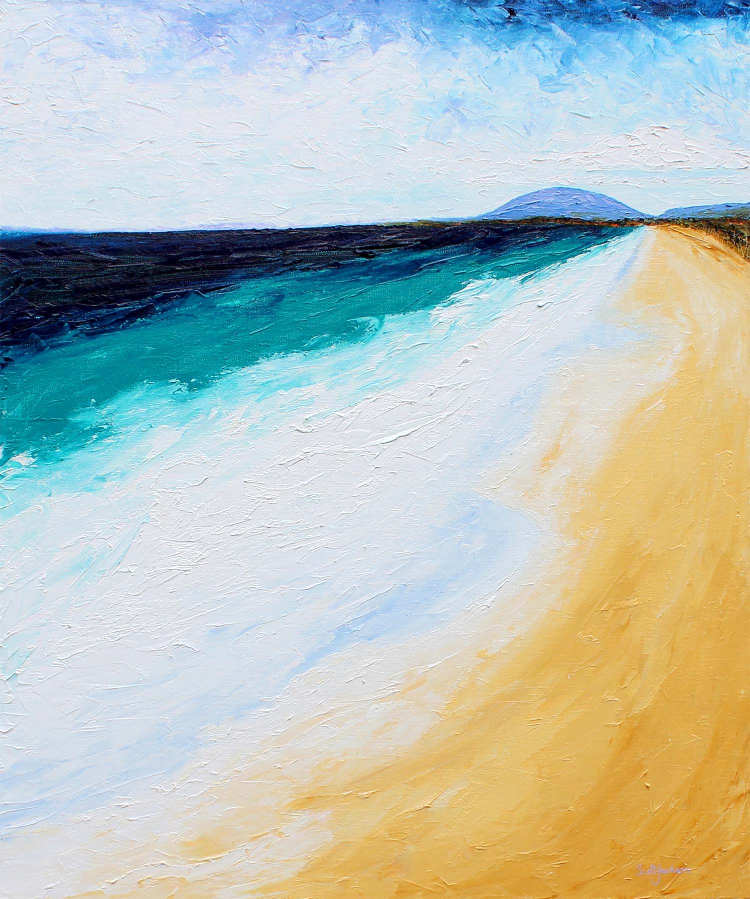 " The Beach " was inspired by the view looking south at Lighthouse Beach , Port Macquarie, NSW, down to middle brother mountain in the distance. I love beachscape paintings ...and this one in particular . Title "Beach", 122 cm x 102 cm, oil on Linen, ready to hang, ref 0597, $1990AUD