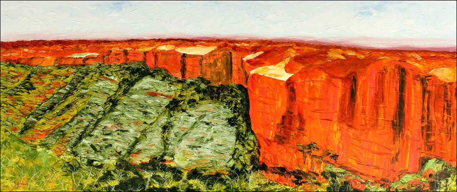 Another breathtaking vista to immerse yourself in ...The iconic Kings Canyon in Central Australia.This painting shows the view across the canyon to the massive orange cliffs and the trees that populate the rubble strewn floor. I loved ...and I walked it !...it was as hot as !!! Title " Kings Canyon " 71cm x 167 cm, Oil on canvas, ready to hang, $1890 AUD