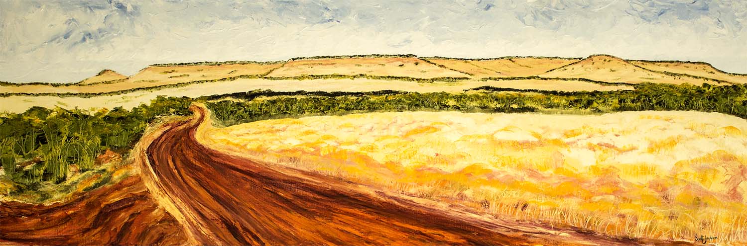 Travelling through the Eastern Kimberley in Northern Australia is a "must do" if you like being on the road. ...rugged beauty everywhere...try the drive Katherine, NR to Broome in WA ..fantastic Title" Red Road Country " ref 0607, 61cm x 183 cm, Oil on linen, ready to hang, $1790 AUD