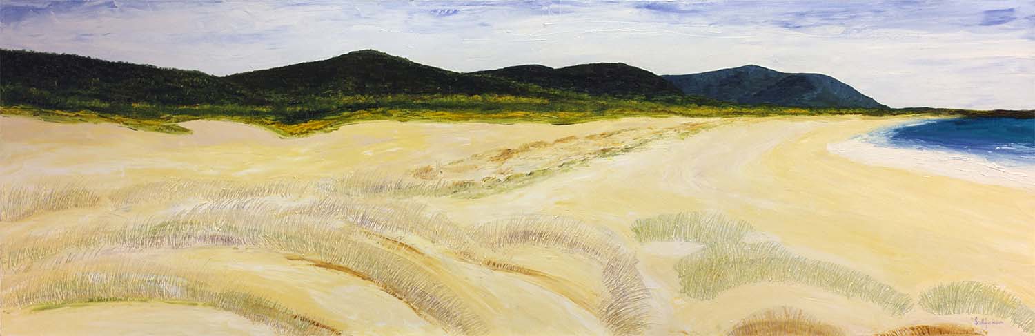 If you have been to Tasmania , hopefully you made it around to the Friendly Beaches on the north east coast. It was one of the best places to camp in the bush...and you don't feel like your out in a car park!!.. beautiful water and coast .unique. Title " Friendly Beaches ", ref 0598, 61 cm x 183 cm, oil on canvas, ready to hang, $1790 AUD