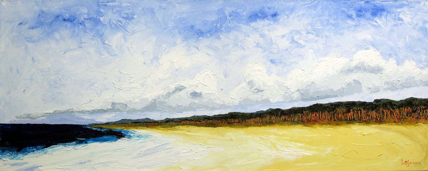 Spending a lot of time on the beach at all hours of the day you can see some amazing and beautiful sights...one of these is the cloud line that hug the coast ........ This is what inspired this work.... Title Beach Horizons" ref 0591, 46 cm x 122 cm, oil on linen, ready to hang, sold april 2019