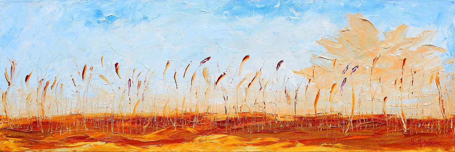 This whimsical , bright and textured painting will add a bit of light and beauty to any room...it is a theme I like doing ..... Title " Wandering in The Country of Sun and Grass ", Oil on canvas, 30 cm x 91 cm, ref 0651, ready to hang, sold june 2017