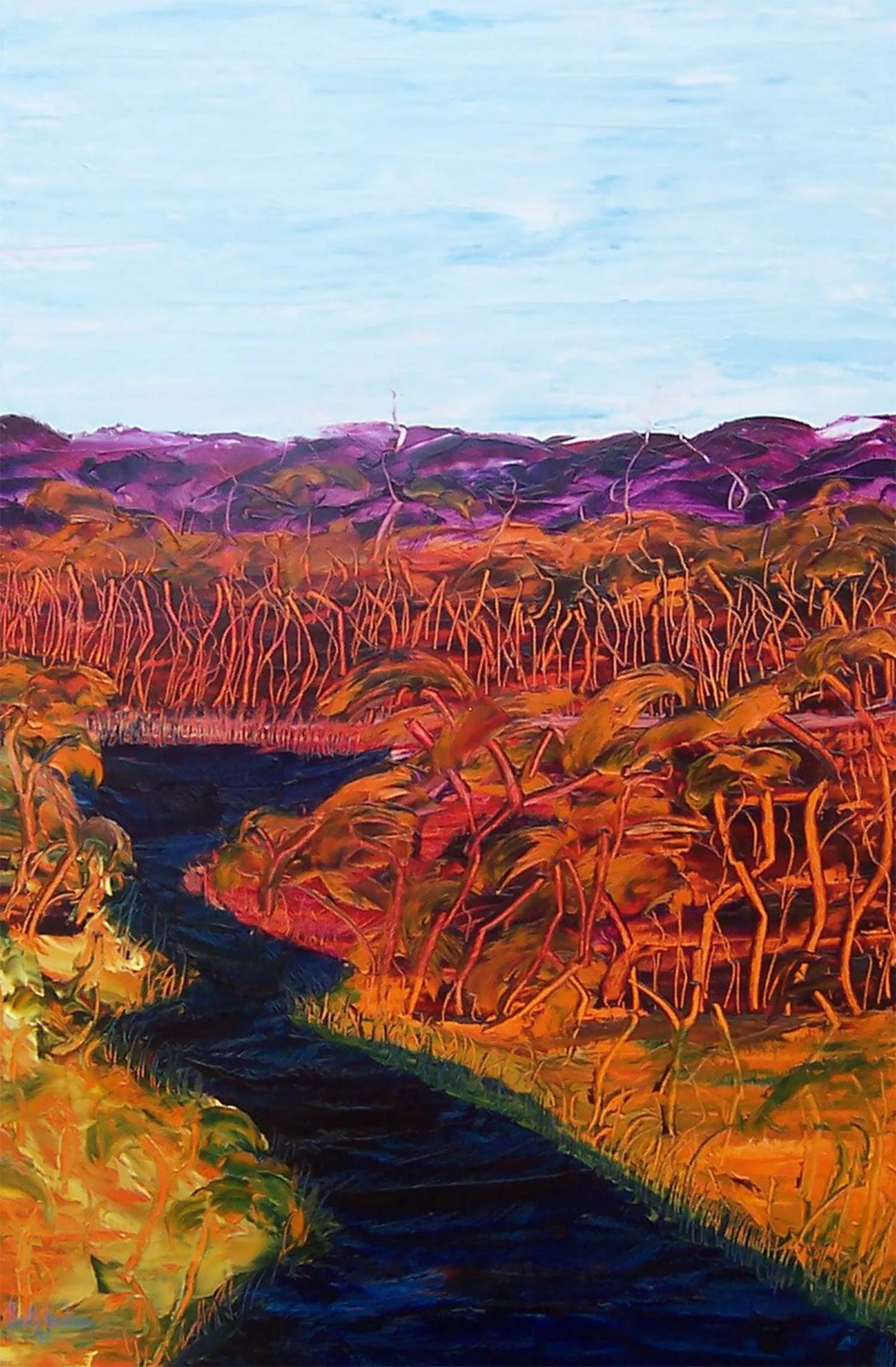 This rich and textured work represents the striking landscapes of Australia's outback rivers and bush landscape... always rich and visually dynamic. Title " River and Bush ", 90 cm x 60 cm, ref 0371, oil on board, ready to hang, $860 AUD