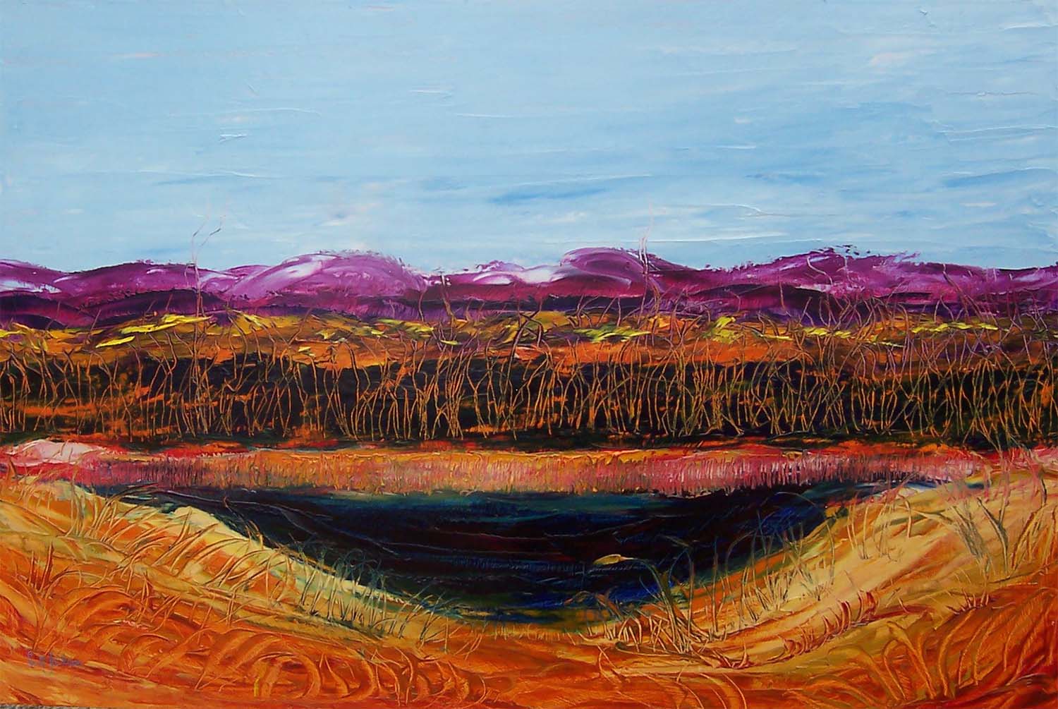 Title " Billabong and Trees " ref 0370, 60 cm x 90 cm, oil on board, , ready to hang, $790 AUD