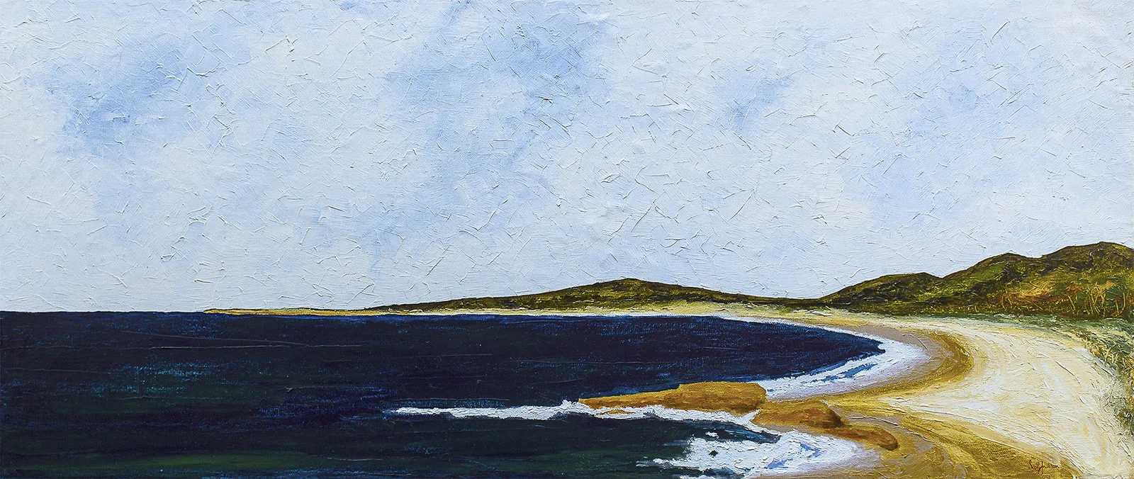 The stunning coastal area of South West rocks has Trial Bay. ...a beautiful beach ....This painting shows the well known Boulders at the town end of the beach and in the distance is the headland that has a camping ground and the historic Gaol......a great place for a dip ...you know yu want to just dive right in !! Available to buy at my Bluethumb online gallery for $1800