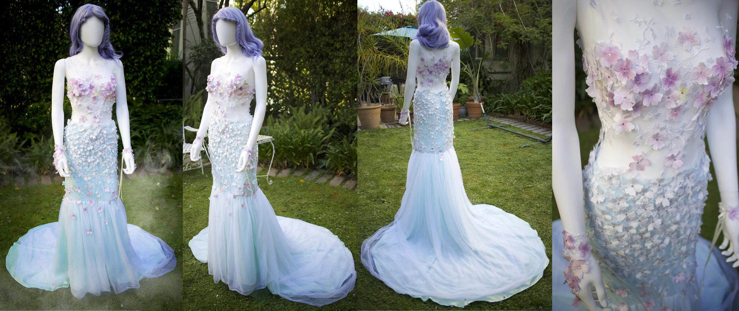 The Lilypad Gown ~ Hundreds of embroidered blossoms cascade down this gown of tulle, seafoam taffeta and pure white netting. Hundreds of petals hand painted in an ombre fashion, accented with a crystal at the center of each. Paired with matching hand painted wristlets. This design is available via custom order. Contact us for a consultation to create this gown - it is available in the shown hues or in solid white for bridal occasions. This special piece was created in conjunction with Make Light Studios - the first Japanese style photo studio to be launch in the U.S.A.! Please visit their Kickstarter to help support their creation of sets like this and many more!
