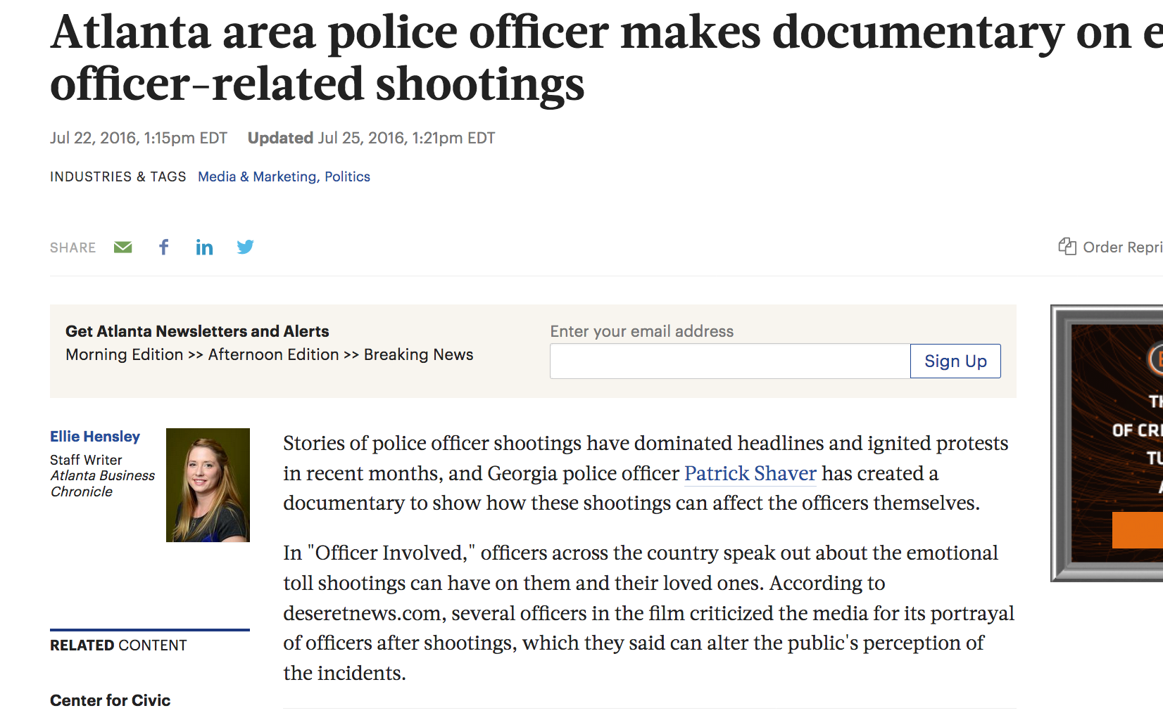 Atlanta area officer makes documentary on effects of officer-related shootings. Atlanta Business Chronicle