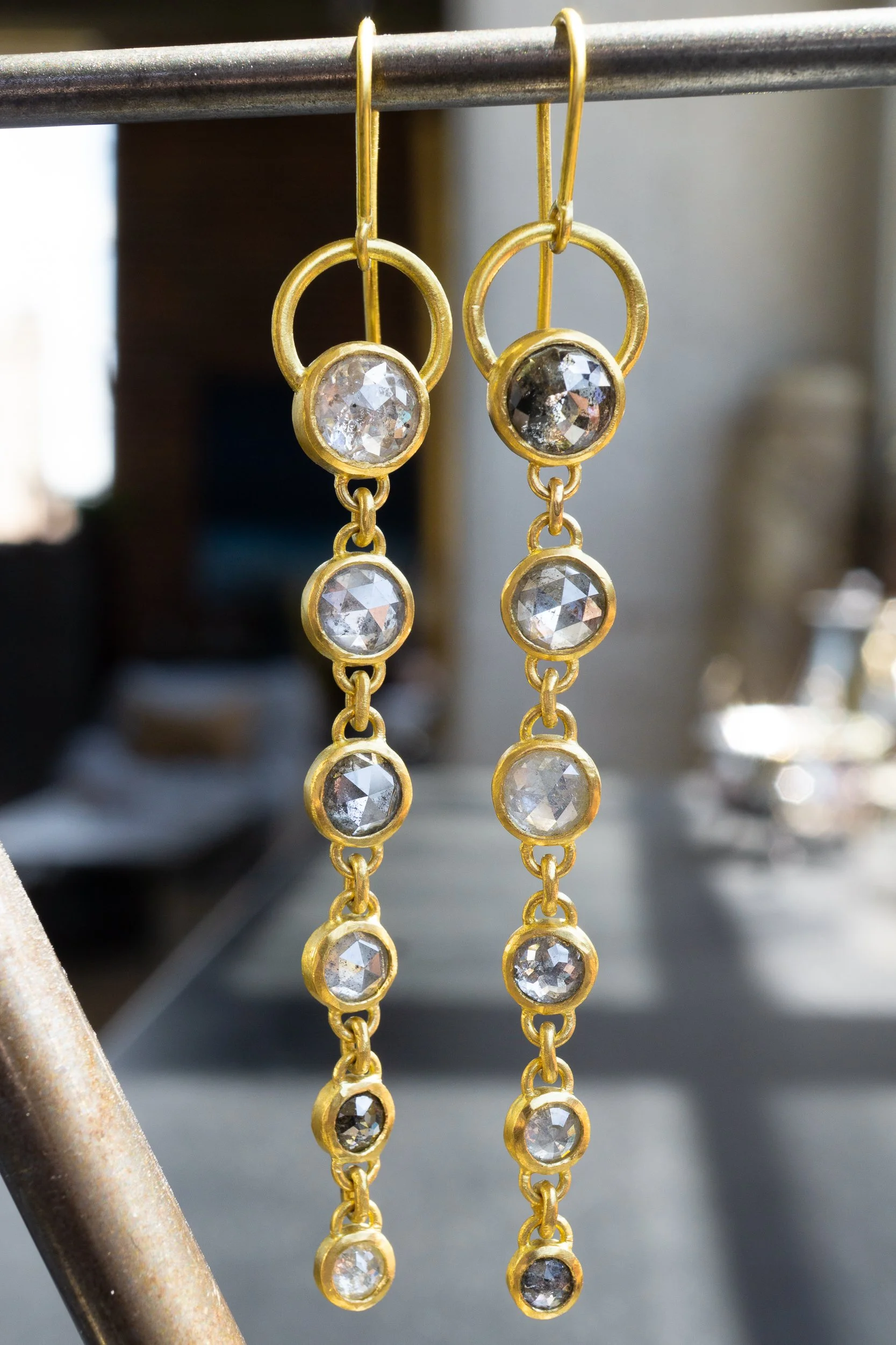 Dusk Earrings suspended showing rosecut facets.