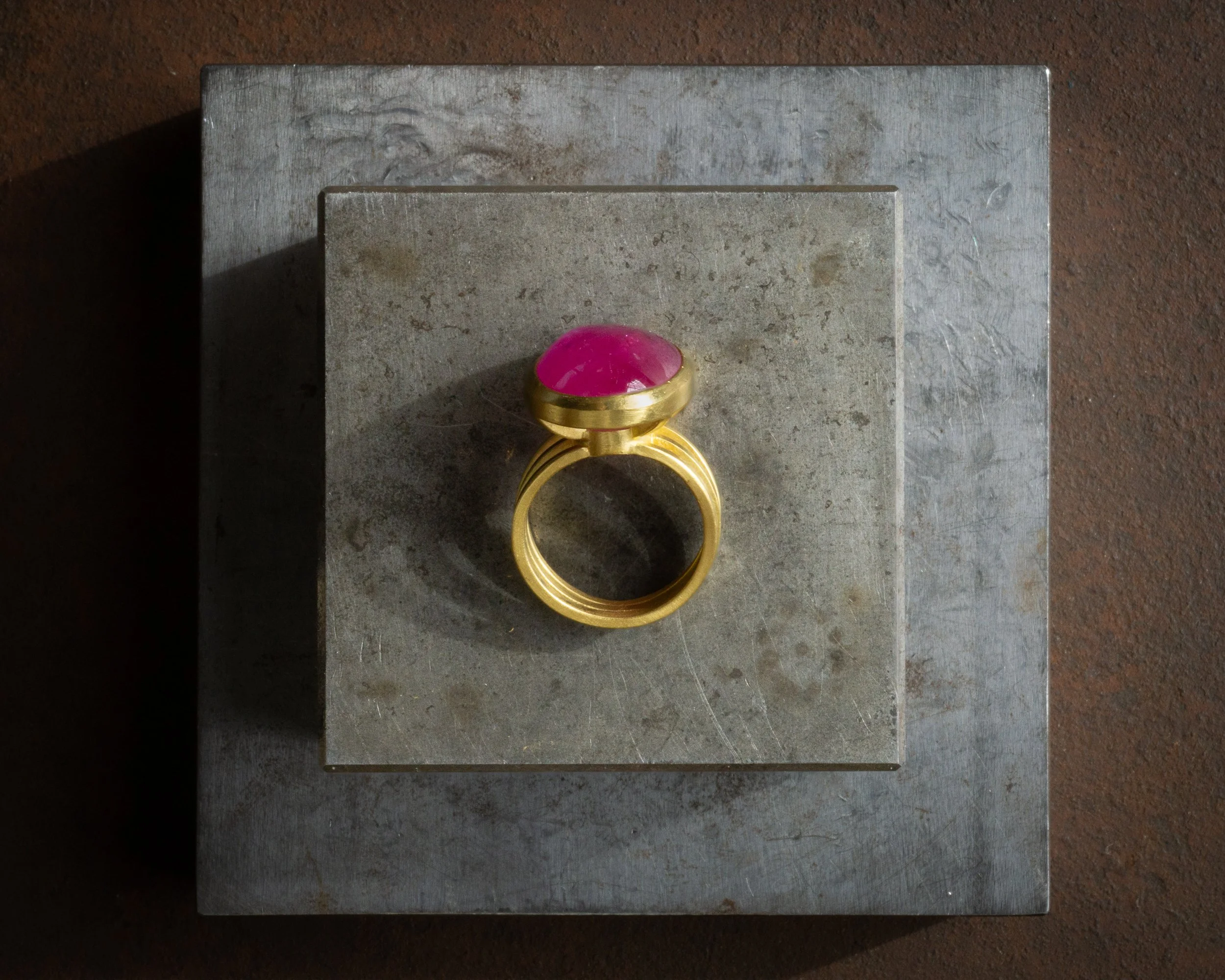 Anahata Ring in 22k gold and natural Burma ruby cabochon.