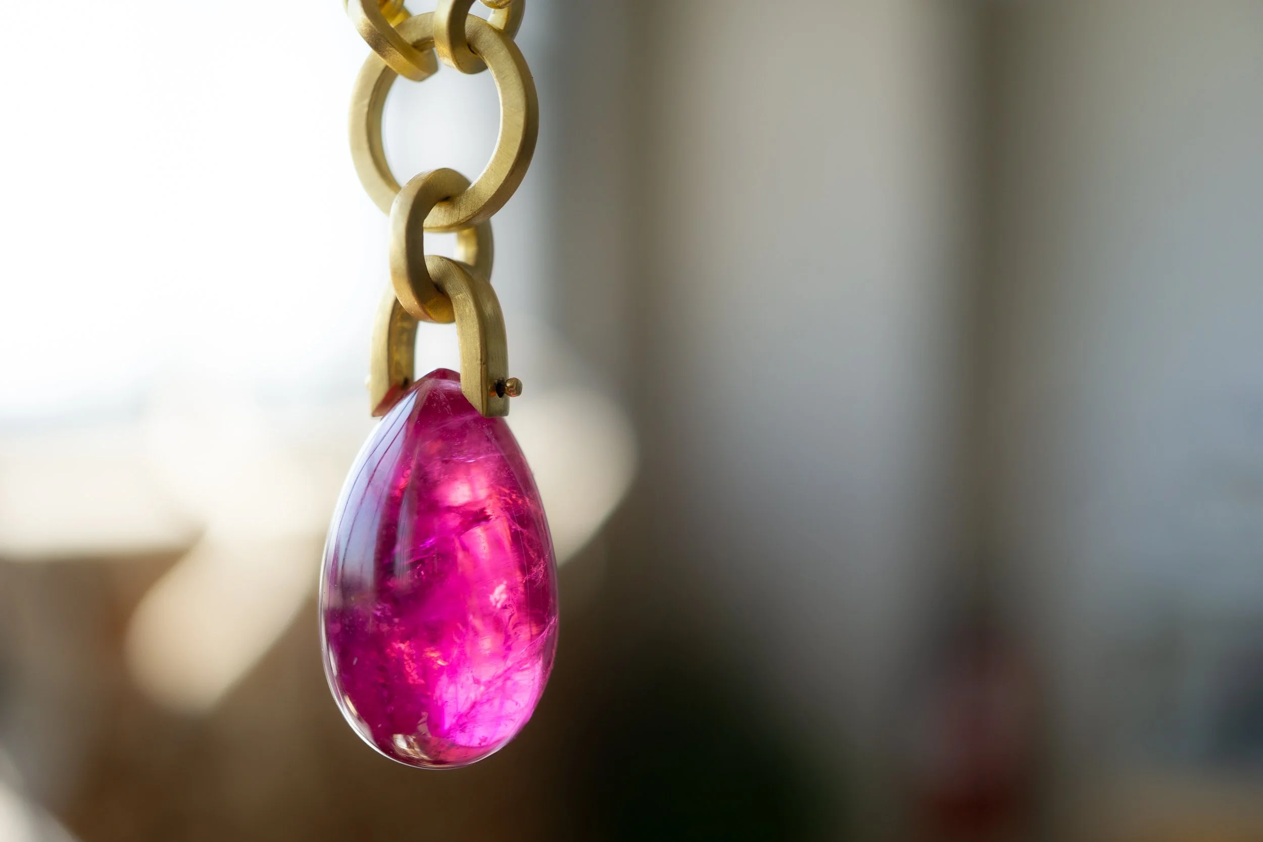 Satori Necklace showing hinge detail of rubellite.