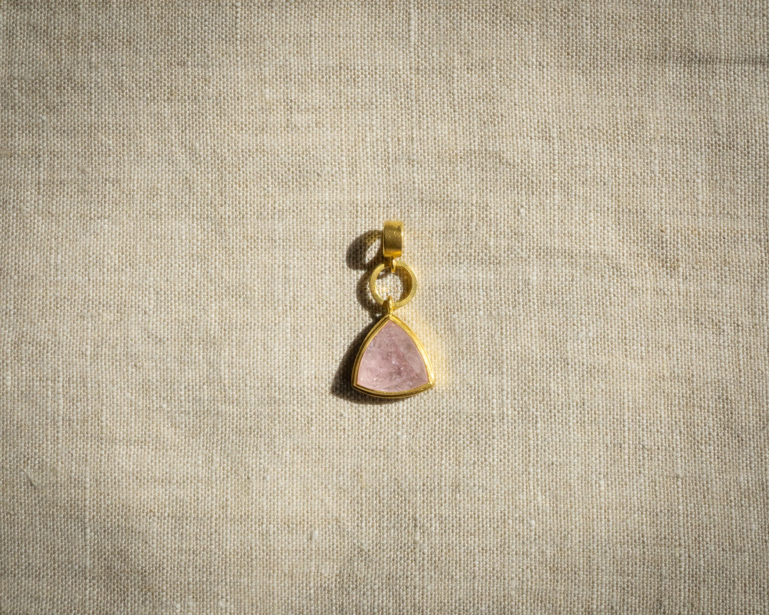 Halo Charm with morganite trillion cabochon and 22k gold.