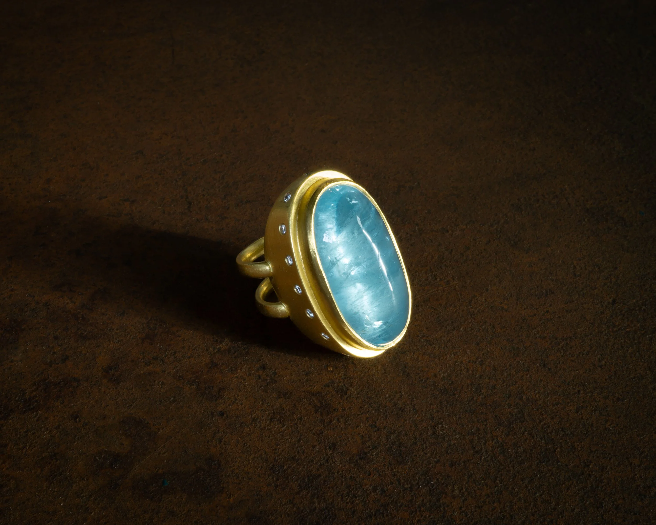 Galene Ring in 22k gold, aquamarine, and diamond.