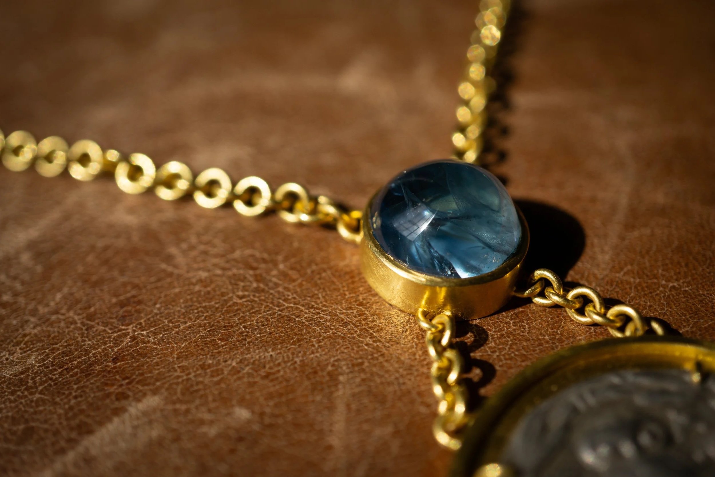 Aegean Necklace, detail of Burma sapphire cabochon.