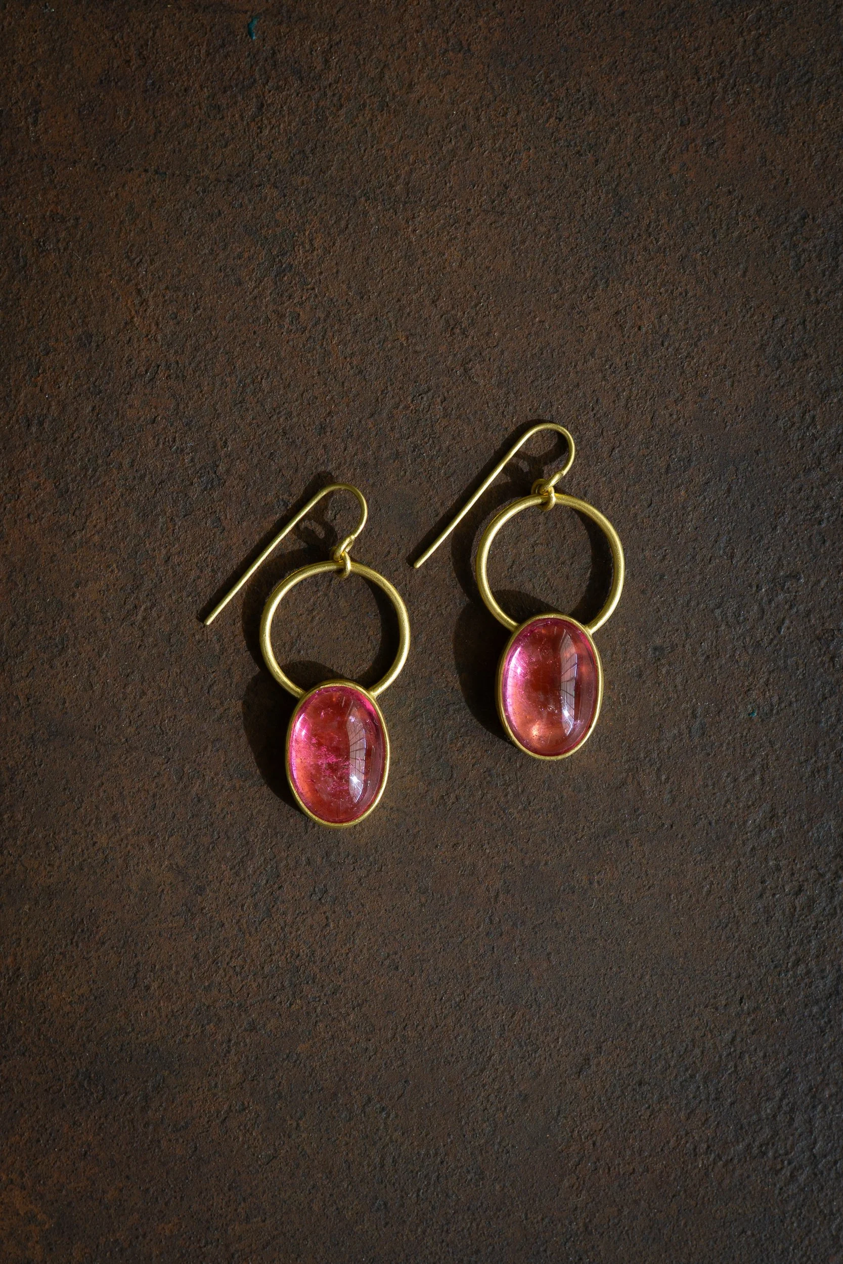 Demeter Earrings in 22 karat gold and pink tourmaline.