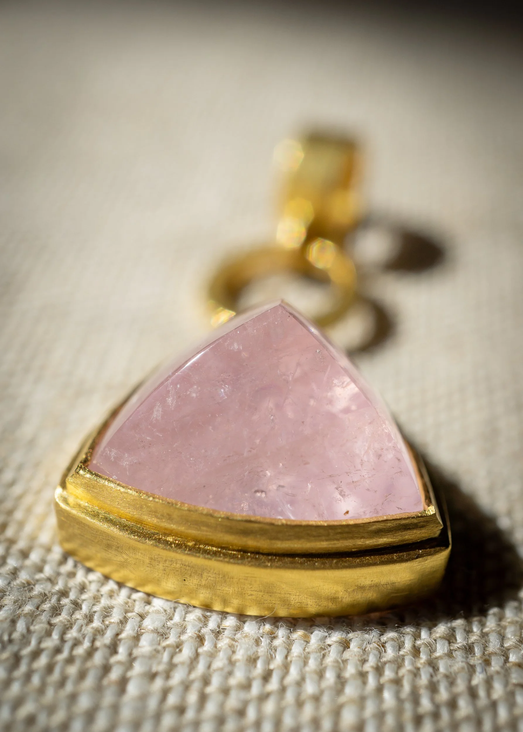 Halo Charm with Morganite, detail view showing cut of stone and bezel.