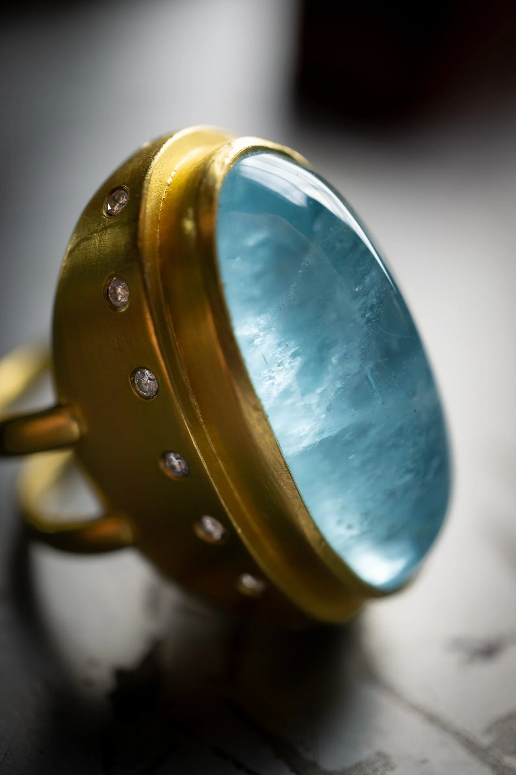 Galene Ring in 22k gold, aquamarine, and diamond.