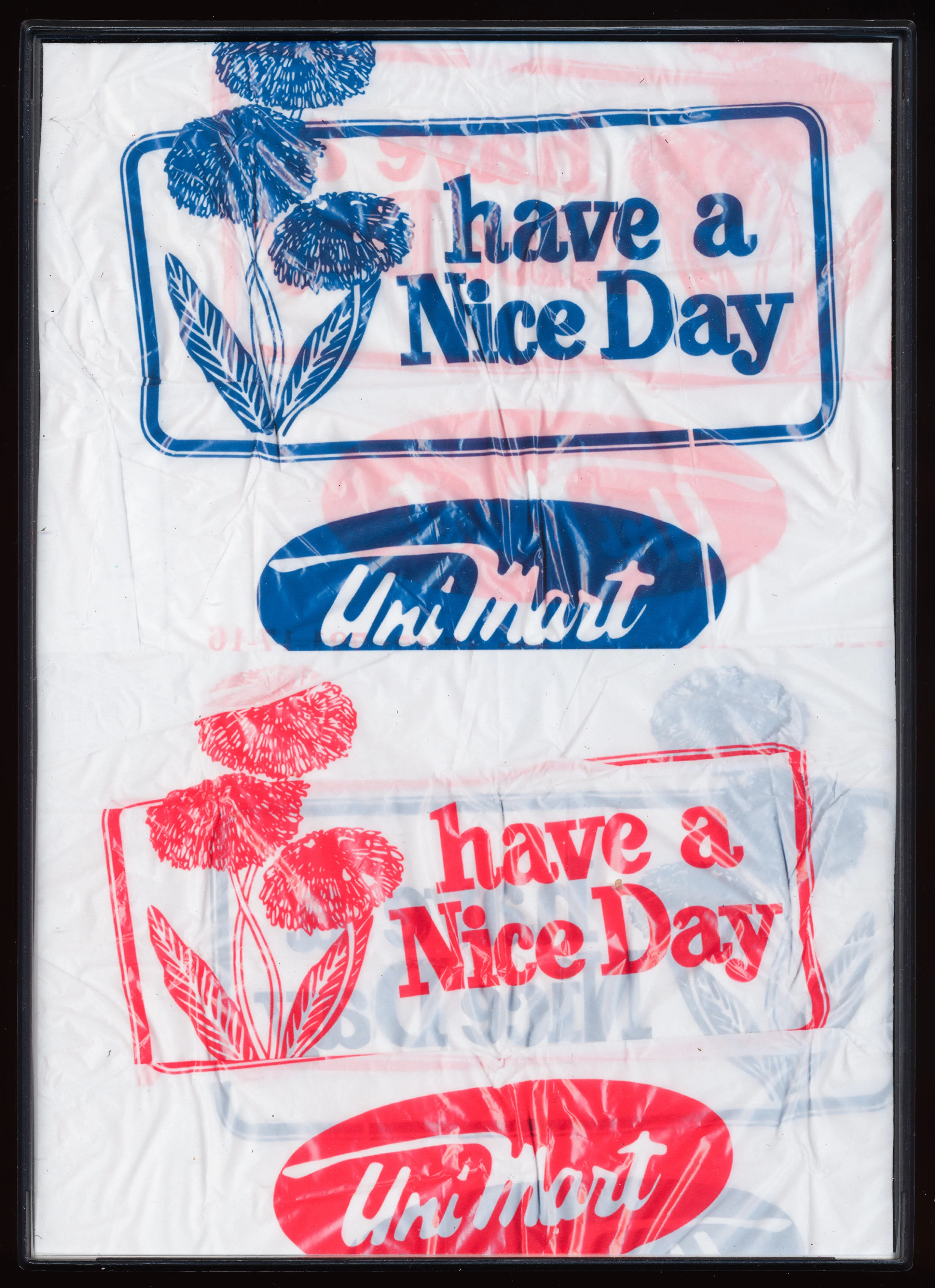 unimart bags, greenhills “Tel. nos. 721-05-92; 721-17-17; 721-17-16 BIODEGRADABLE This bag will lose strength in six months and will degrade naturally. Be a Friend of the Earth” inkjet collage, 2018