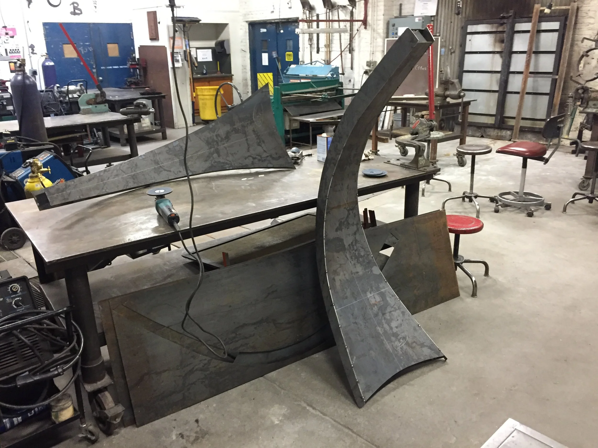 Bottom two awn elements with sides tacked and awaiting their tops and bottoms