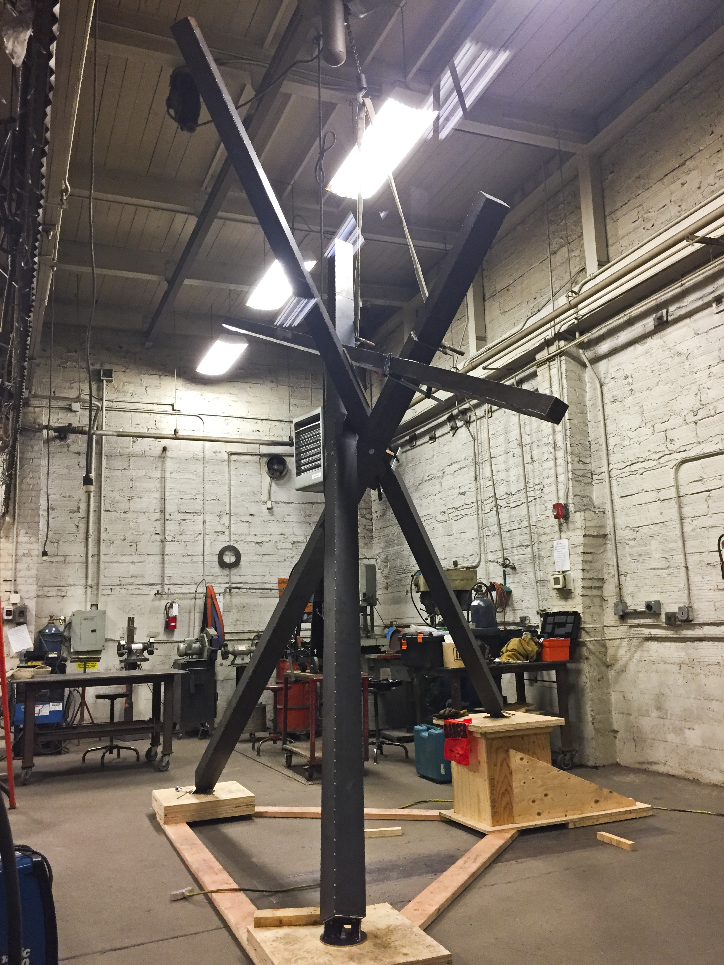 Sculpture erected on mounting cradle in order to machine connections and build anchor plates