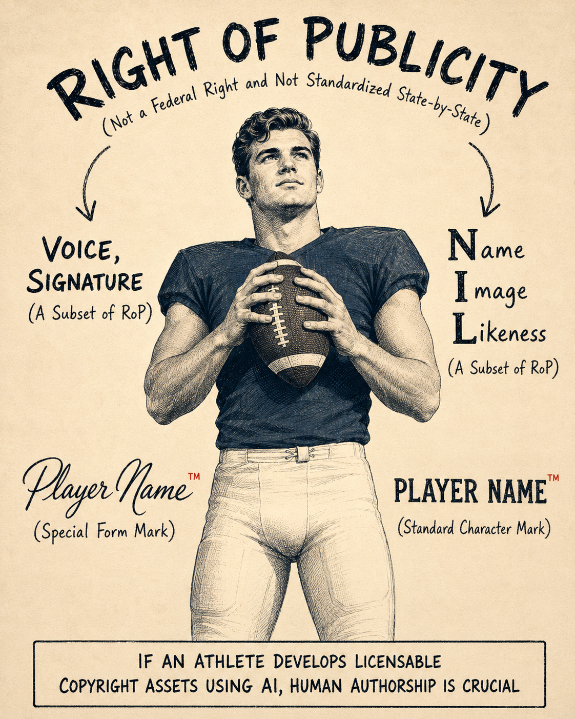 Illustration of a football player mapping NIL and right of publicity elements: name, image, likeness, voice, signature, and trademarks