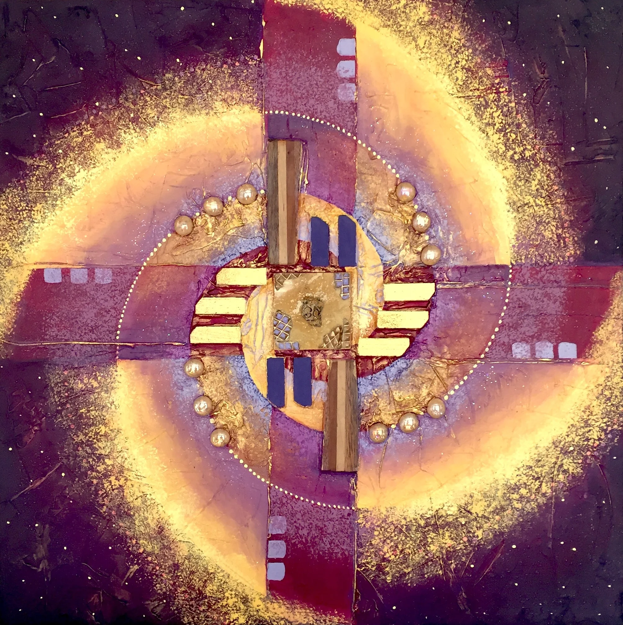 Gilded Galaxy by Pavia Justinian 24” x 24” x 2.5” Acrylic, found objects & gypsum on handcrafted wood panel Commissioned by the City of Grand Junction, CO and awarded to KAFM, the 2017 winner of the Champion of the Arts Award Completed 2016