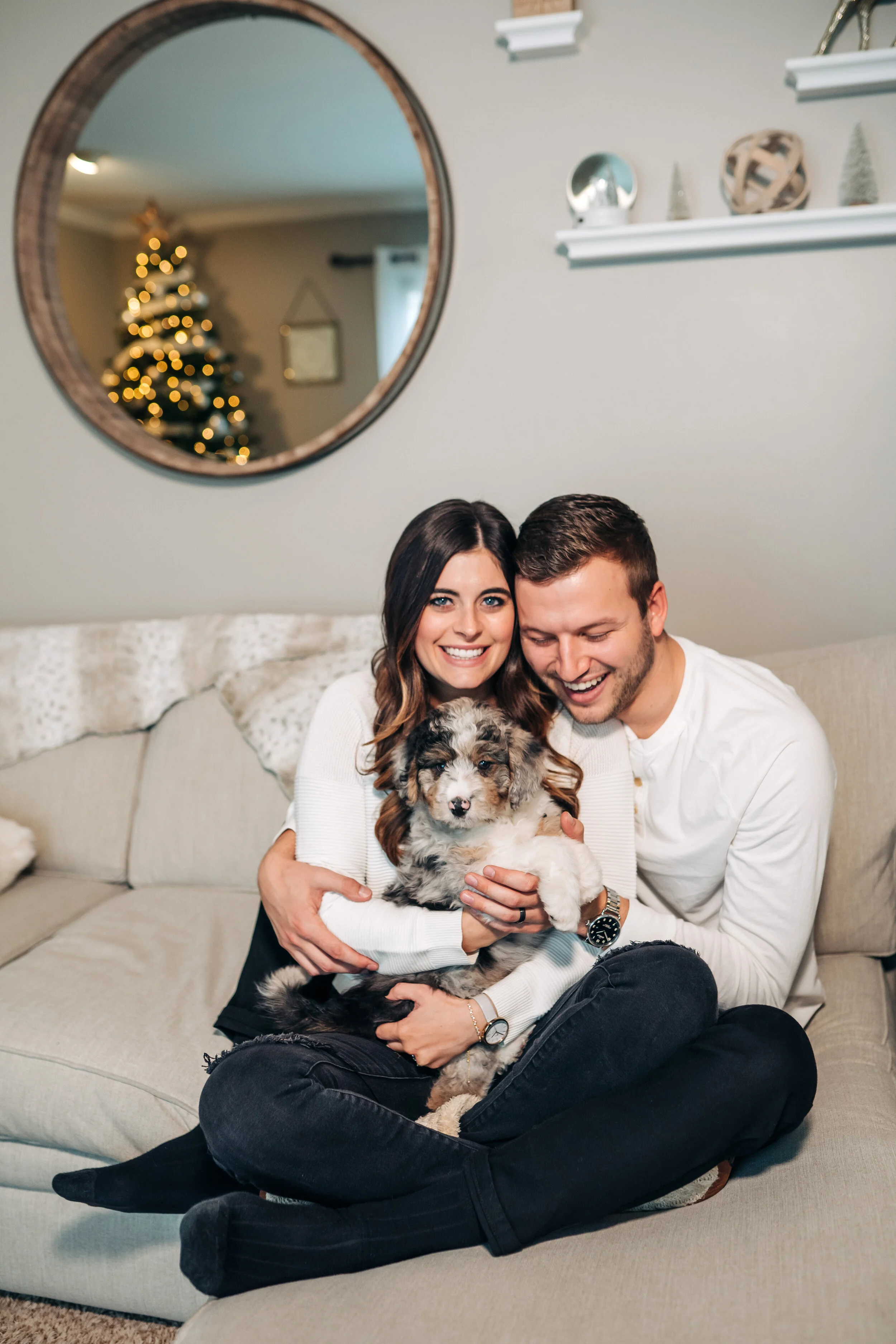  Newlyweds first puppy at their home in Fenton,  Michigan by Pop Mod Photo photographers Ryan Garza | Courtney Simpson. 
